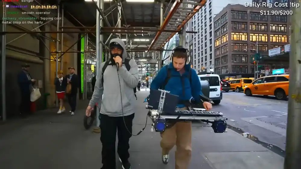 Street performance setup with a musician singing into a microphone and another musician playing a mobile electronic rig on a city sidewalk, ariathome artist style.