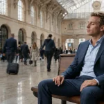 Young man sitting calmly on a bench in a busy railway station as commuters pass by.