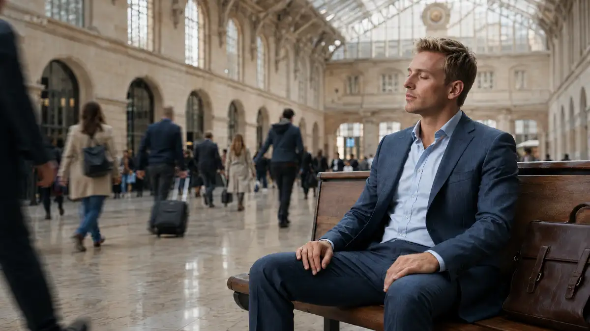 Young man sitting calmly on a bench in a busy railway station as commuters pass by.