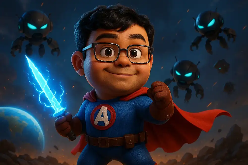 Emad Mostaque cute superhero 3d