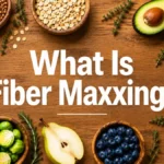 High fiber foods including beans, berries, oats, vegetables and seeds arranged to illustrate the fiber maxxing health trend