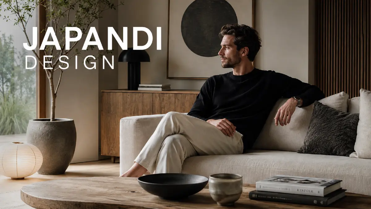 Modern Japandi living room featuring Scandinavian minimalism, Japanese aesthetics, natural wood and neutral tones