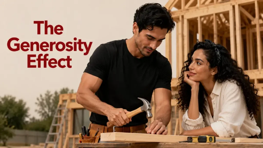 Man hammering a wooden board at a construction site while a woman watches, beside the words “The Generosity Effect.”