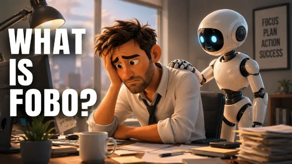 Exhausted office worker comforted by an AI robot illustrating FOBO, the Fear of Better Options and decision paralysis in modern life.
