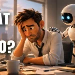 Exhausted office worker comforted by an AI robot illustrating FOBO, the Fear of Better Options and decision paralysis in modern life.