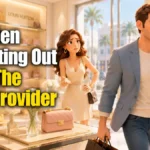 Pixar-style illustration of a man walking away from a luxury store while a woman waits for him to pay, representing why some men are opting out of the traditional male provider role.