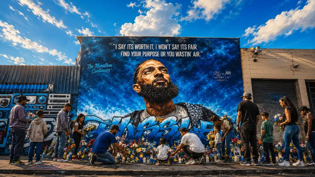 Fans leave flowers and candles at a Nipsey Hussle mural tribute, honoring his legacy of ownership and community impact
