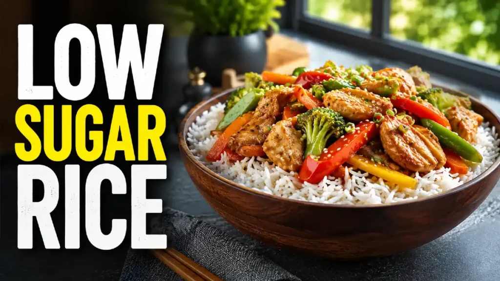Wooden bowl of low glycemic basmati rice with chicken and vegetables showing the best rice options for lower blood sugar impact
