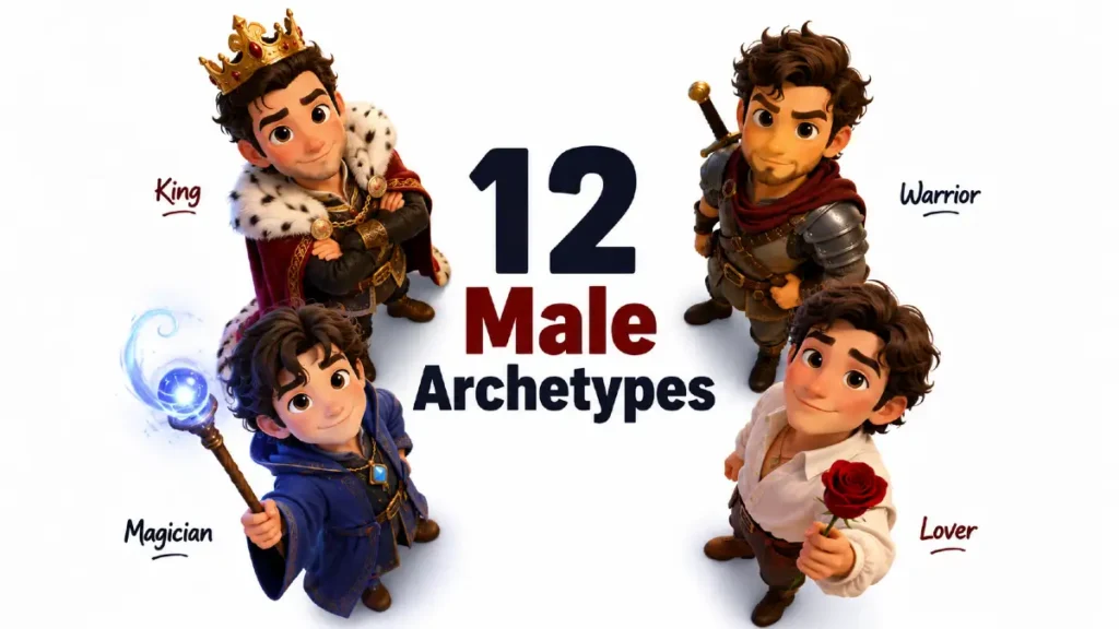 12 male archetypes including King, Warrior, Magician, Lover and their shadow archetypes