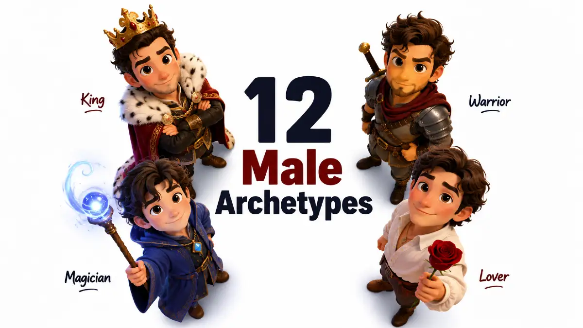 12 male archetypes including King, Warrior, Magician, Lover and their shadow archetypes