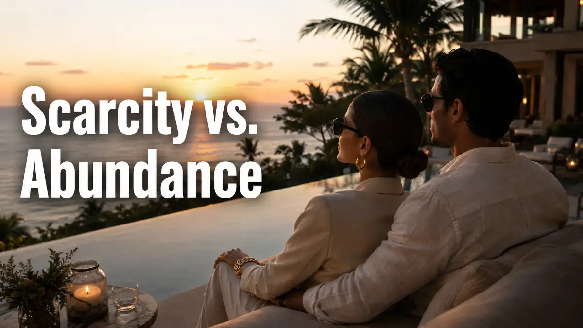 Scarcity vs abundance money mindset illustrated by a couple overlooking the ocean at a luxury resort