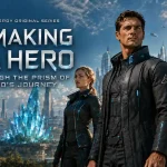Futuristic illustration of a male hero with a female ally and older mentor, representing the hero’s journey for men.