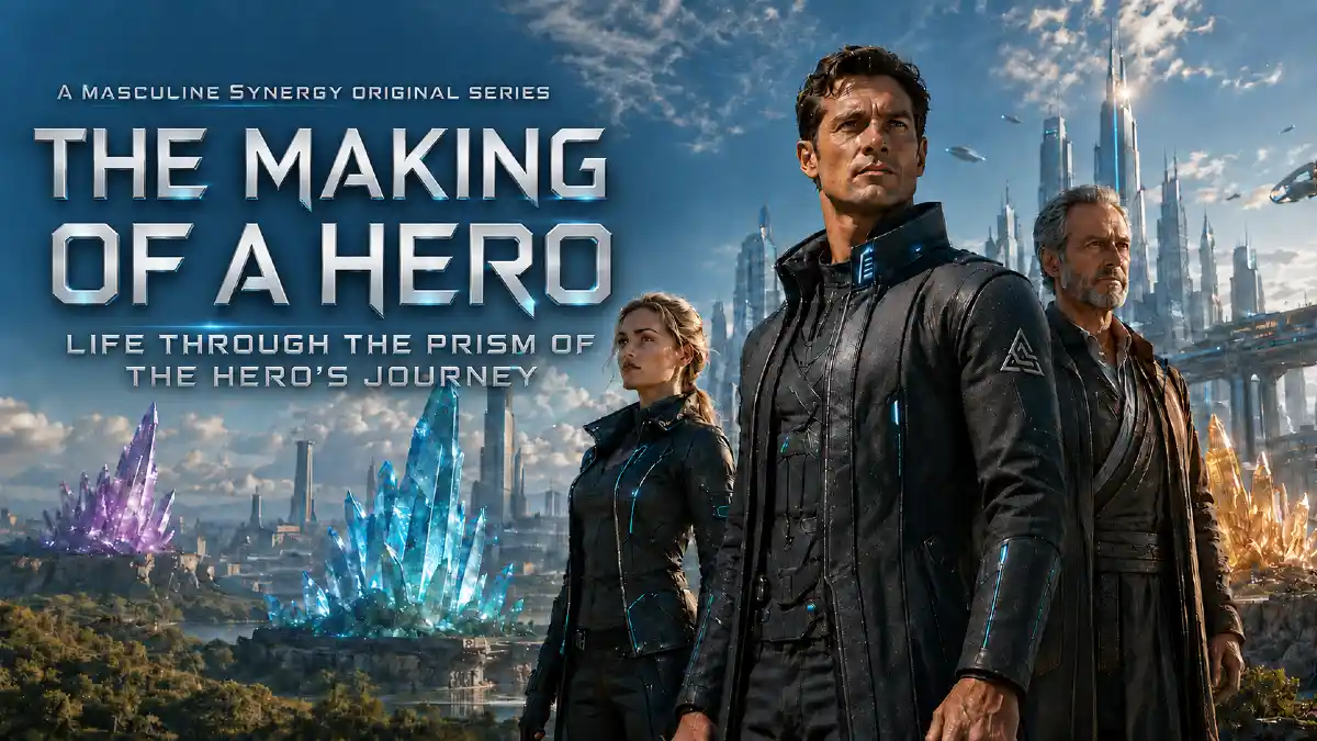 Futuristic illustration of a male hero with a female ally and older mentor, representing the hero’s journey for men.