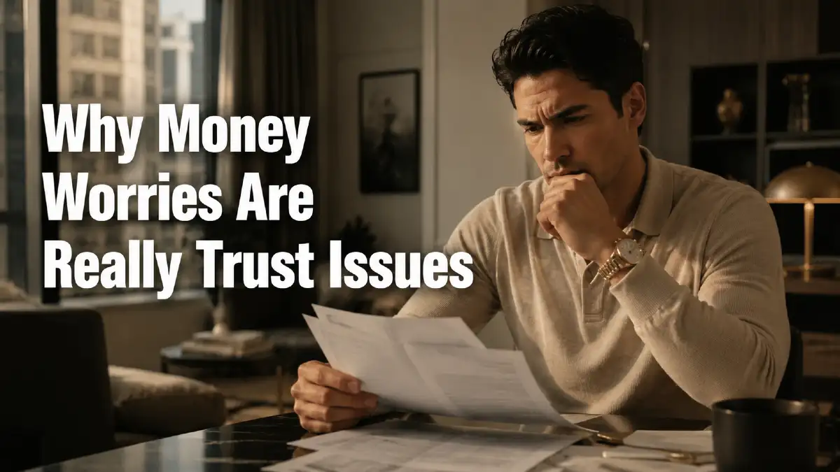 Man worried about finances and paperwork, illustrating how money worries can reflect deeper trust issues