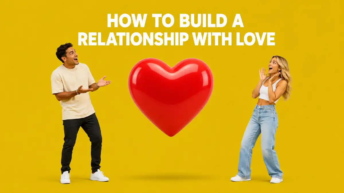 A surprised couple looking at a large red heart beneath the words “How to Build a Relationship With Love.”