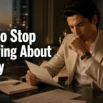 Worried man reviewing financial documents, illustrating how to stop worrying about money and overcome financial anxiety