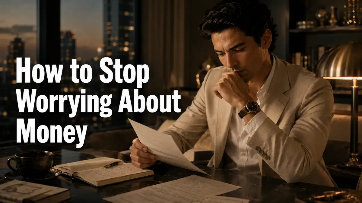 Worried man reviewing financial documents, illustrating how to stop worrying about money and overcome financial anxiety