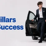 Well-dressed man in a navy suit stepping out of a black luxury car, representing the 15 unspoken rules that separate men who get ahead
