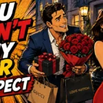 Comic-style image of a man offering roses, a gift, and luxury shopping bags while a woman turns away beneath the words “You Can’t Buy Her Respect.”