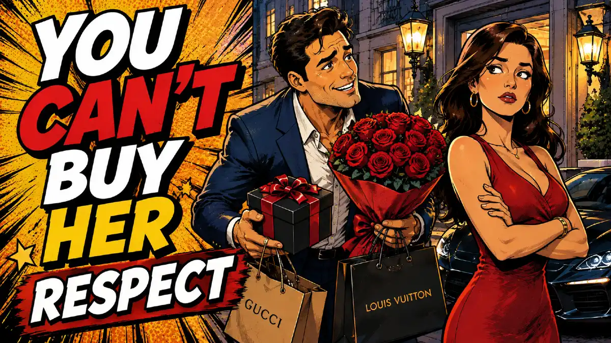 Comic-style image of a man offering roses, a gift, and luxury shopping bags while a woman turns away beneath the words “You Can’t Buy Her Respect.”