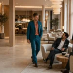 Man in a teal suit entering a Nordic hotel lounge where three men in dark suits sit and stand.