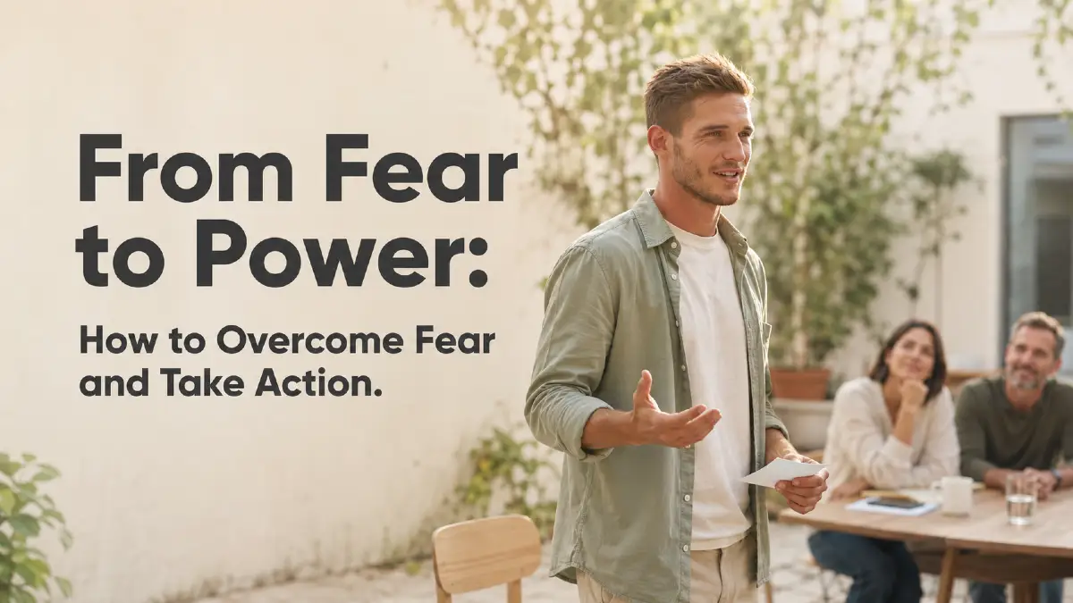 Man speaking to a small group outdoors beside the headline “From Fear to Power: How to Overcome Fear and Take Action.”